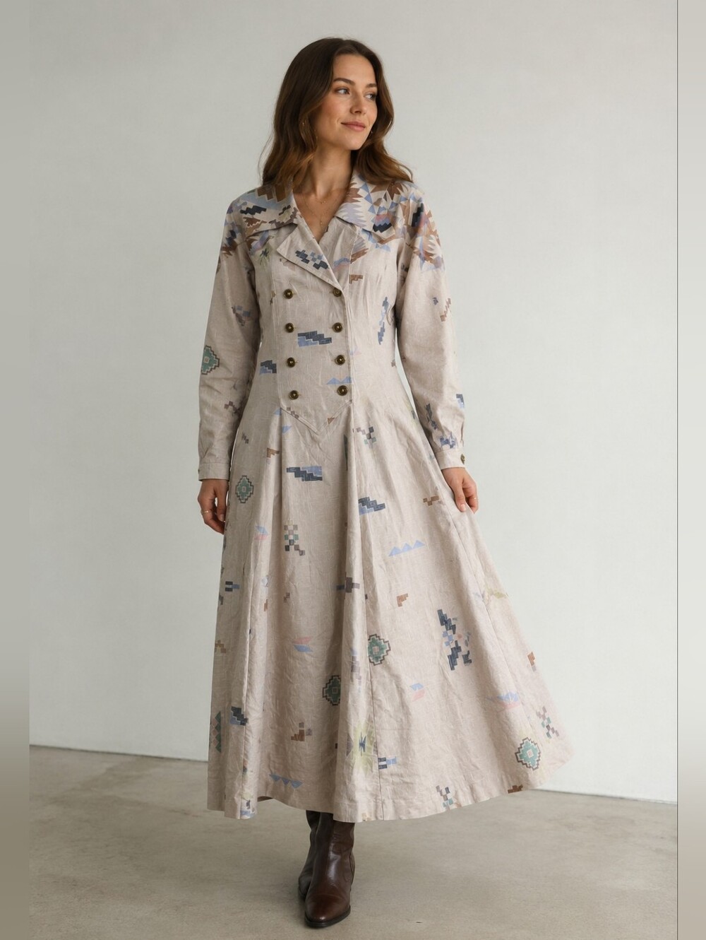 Liz E. Parker Vintage Beige Printed Double Brested Midi Dress with Aztec Motif